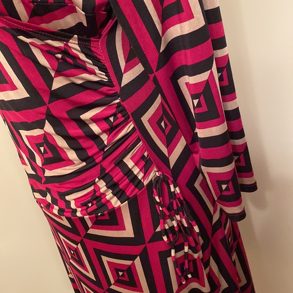 9 & Co Maroon Tan Geometric 10 Faux Wrap Retro Modern Career Chic Indie Dress - Picture 4 of 10